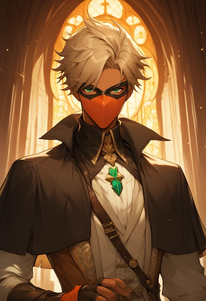 masterpiece, expressive eyes, perfect face, best quality, 1boy, male focus, solo focus, Adult, Gunslinger, gun sling, Green eyes, tanned skin, cropped hair, clean hair, wavy hair, light brown hair,  Church belfry, mask, fingerless gloves, bloodbourne, black capelet
