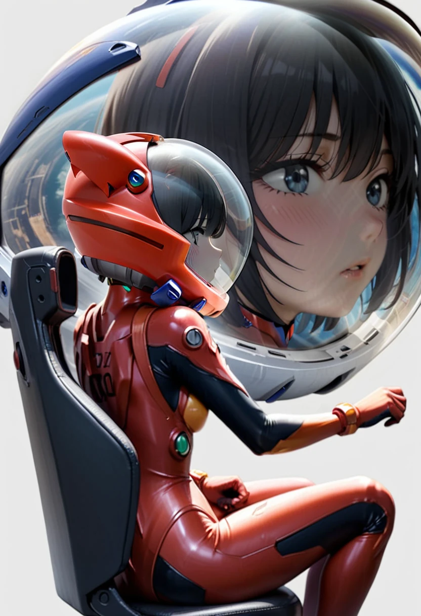 ( short hair, street, emo, BLACK hair, white eyes, eyeliner, apocalypse, girl, nside the (cockpit) of a (futuristic spaceship:1.6), , blush,sitting on a chair, covered navel, space helmet, muvluv, space helm, plugsuit , evangelion, bubble helmet, eva helm,red bodysuit, short hair, ,upper body, from side