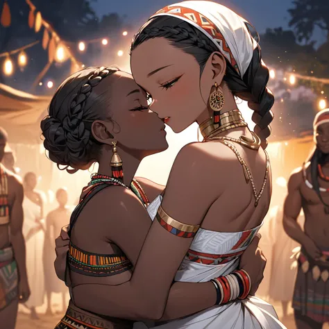 ((highest quality)), ((masterpiece)), (detailed), （perfect face）、the woman is wearing a tribal wedding dress and is hugging and ...