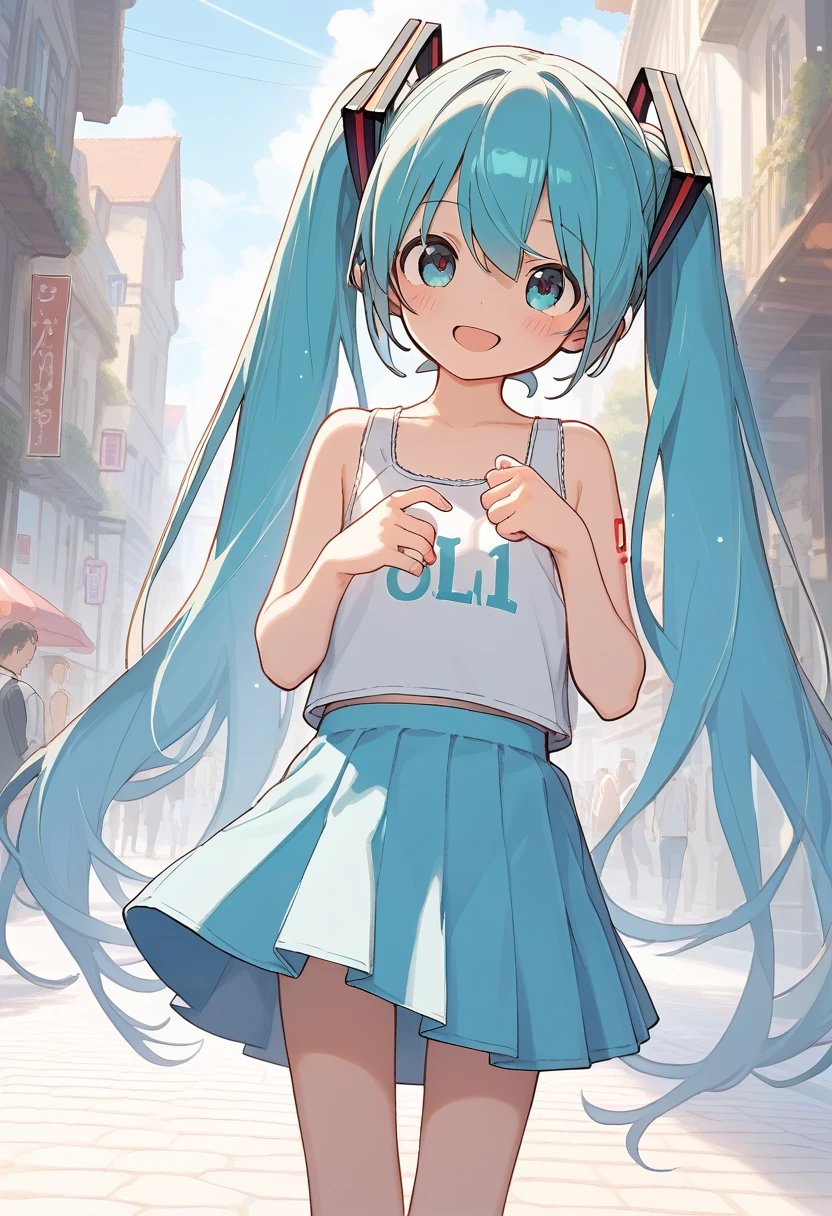 (uncensored), score_9, score_8_up, score_7_up,source_anime, high quality, exceptional, best quality, perfect hand, (child:1.4), {{{{{flat colore}}}}},street background, best quality, detailed face and eyes, 1 , js, age down, casual fashion, blouse, ((lift skirt)), cute pose, smile, blue hair, aqua hair. elaborately designed clothes.
(white outline:1.2). focus face.
 (loli:1.5), (realistic:1.2). smile. Anyway it's cute.
A masterpiece, a work of anime art. (anime style:1.3) A cute girl you've never seen before. simple. (8K:1.2). background., (no panties), (line pussy), (hatsune miku), (blushed:1.2),(official art:1.5).