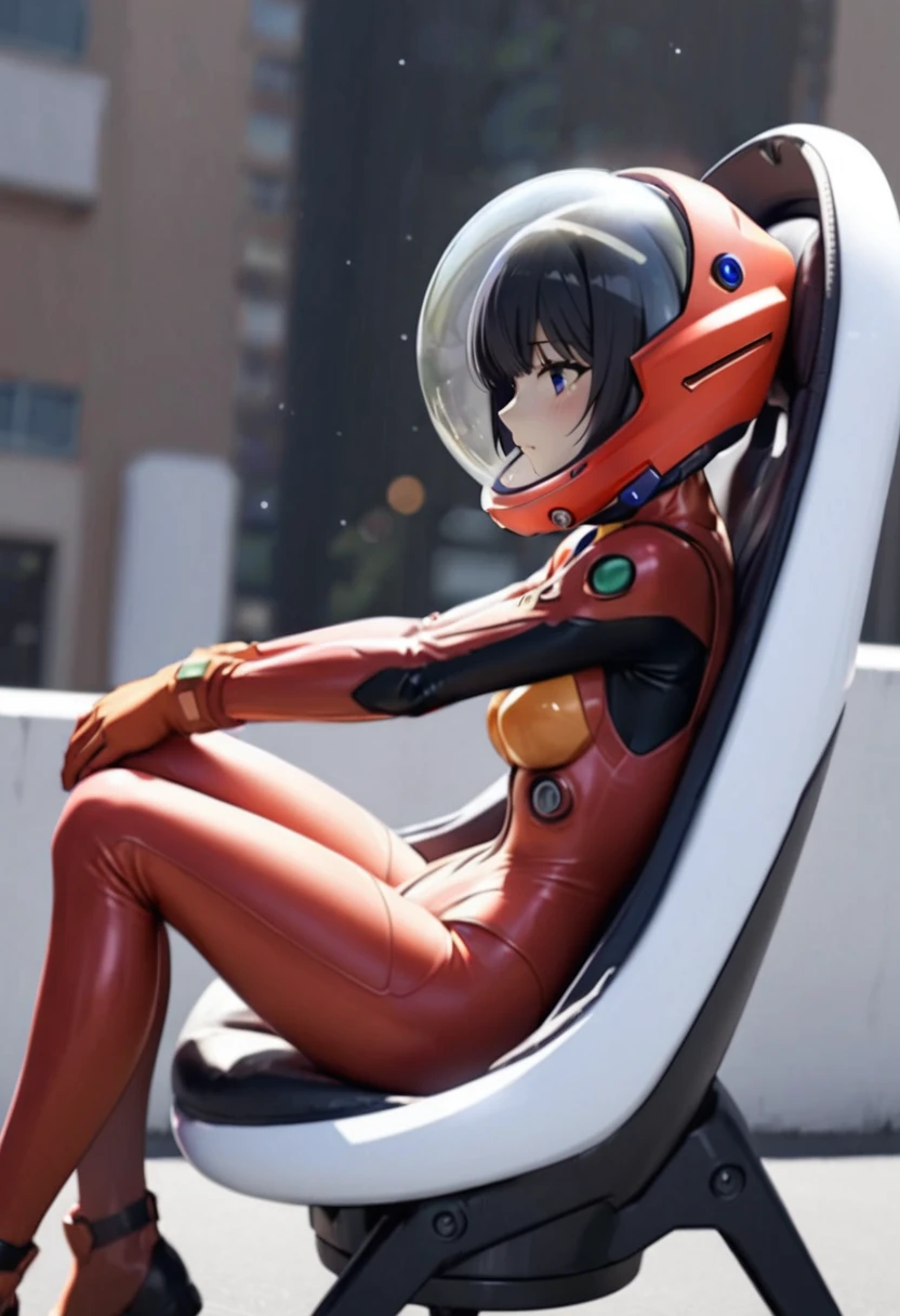 ( short hair, street, emo, BLACK hair, white eyes, eyeliner, apocalypse, girl, nside the (cockpit) of a (futuristic spaceship:1.6), , blush,sitting on a chair, covered navel, space helmet, muvluv, space helm, plugsuit , evangelion, bubble helmet, eva helm,red bodysuit, short hair, ,upper body, from side