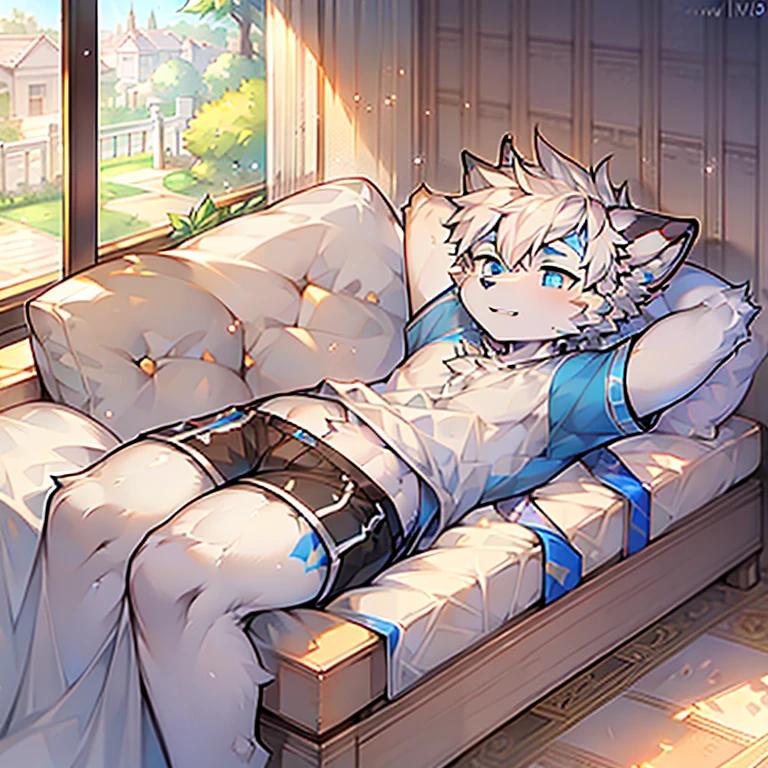 single, furryboy, (High quality), 4K, 19 years old, white furr, blue eyes, nice body, thick white hair, short-sleeved clothes, shorts, background the villa room was open, the view outside was beautiful, he was lying on his stomach on his favorite bed.