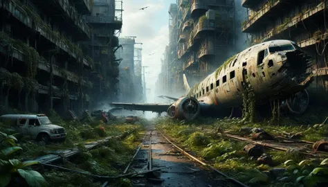 a vivid and detailed description of a dystopian sci-fi landscape with a huge, ruined vertical metropolis. the collapsed boeing. ...