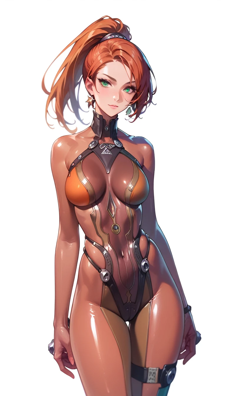 one anime girl, Eve form stellar blade, (black long ponytail hair), green eyes, stellar blade suit, thick thighs, sexy pose, white background