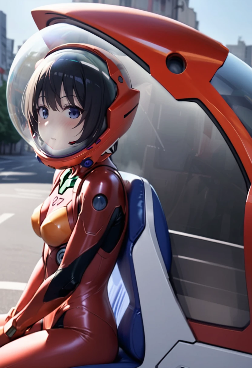 ( short hair, street, emo, BLACK hair, white eyes, eyeliner, apocalypse, girl, nside the (cockpit) of a (futuristic spaceship:1.6), , blush,sitting on a chair, covered navel, space helmet, muvluv, space helm, plugsuit , evangelion, helmet, eva helm,red bodysuit, short hair, ,upper body, from side