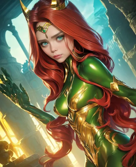 (((, strong, attractive, sexy, powerful, tan skin elizabeth olsen,)))( red hair wavy, bangs, long hair, (green eyes, statuesque ...