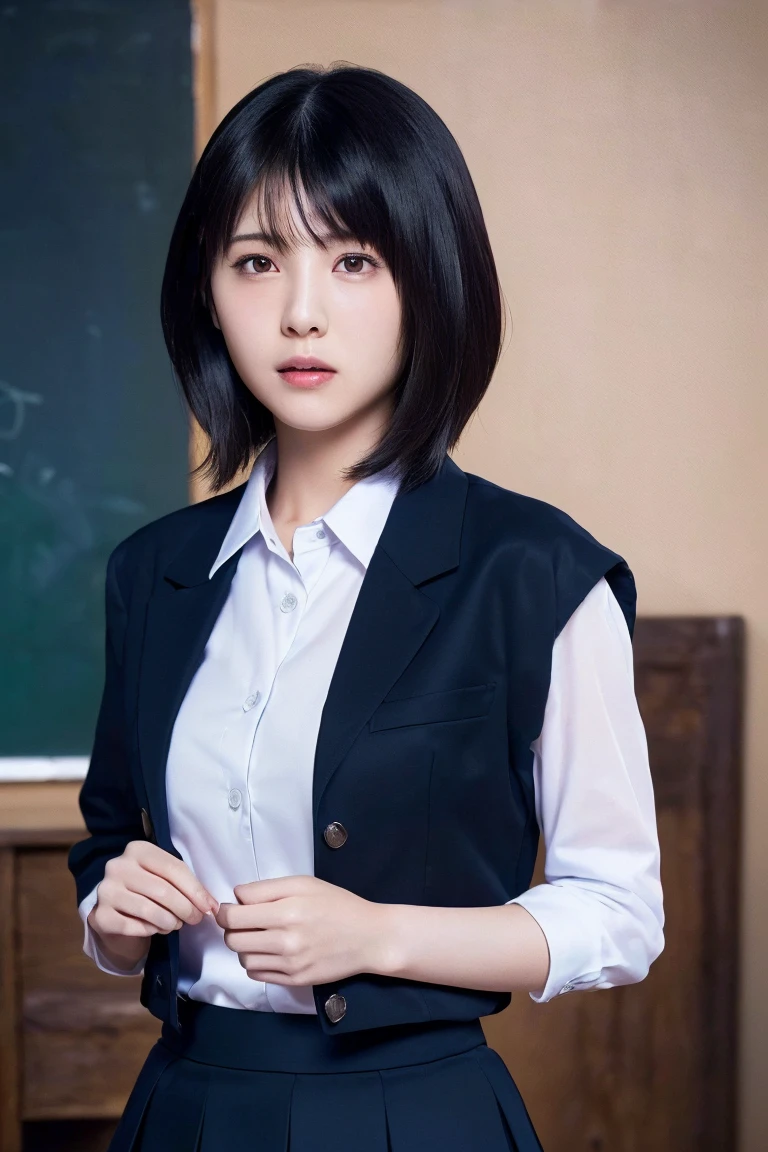 Teacher and female student have sex,short hair(8k、Highest quality、masterpiece:1.2)、(Realistic、Ultra-detailed、Ultra-high resolution、Beautifully detailed face,Perfect body,(One girl,Long black hair),(school uniform,School Blazer,Purple Shirt,Navy Skirt,White Thailand),Browsing Caution, School,Japan, .Molester