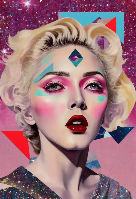 madonna themed, surreal and strange dislocation art：collage，there are many different things on the faces，spaceship，vibrant sensu...