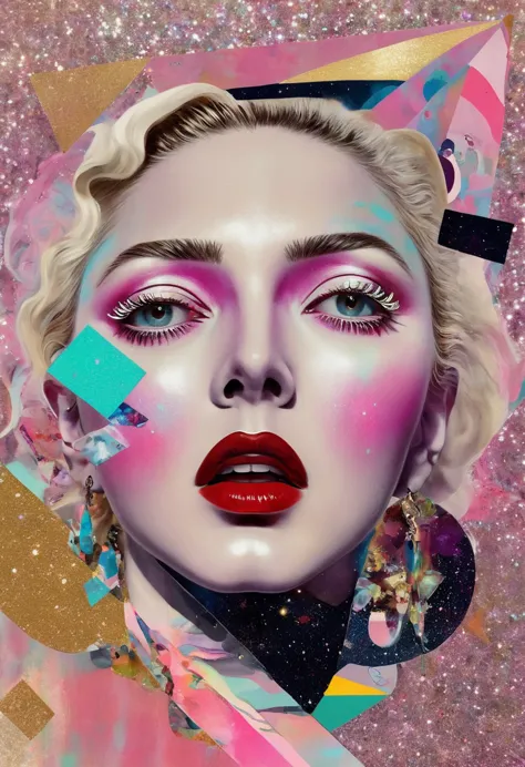 madonna themed, surreal and strange dislocation art：collage，there are many different things on the faces，spaceship，vibrant sensu...