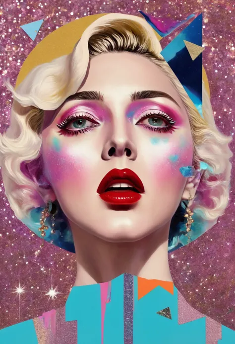 madonna themed, surreal and strange dislocation art：collage，there are many different things on the faces，spaceship，vibrant sensu...