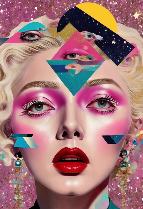 madonna themed, surreal and strange dislocation art：collage，there are many different things on the faces，spaceship，vibrant sensu...