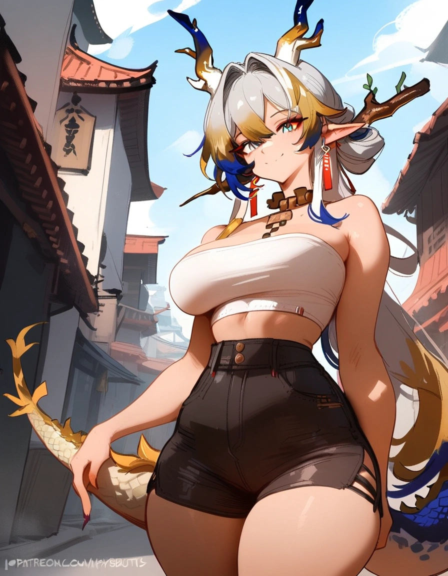 1girl, shu \(arknights\), arknights \\\\\ masterpiece, best quality, very aesthetic, absurdres, newest, newest, horns, ///// , , by khyle, cutesexyrobutts, nyantcha \\\\\ thin waist, highres, absurdes.,,,big breasts, dragon_girl, cropped legs, sky, clouds, dragon tail, light blue eyes, smile, tube top, shorts, street