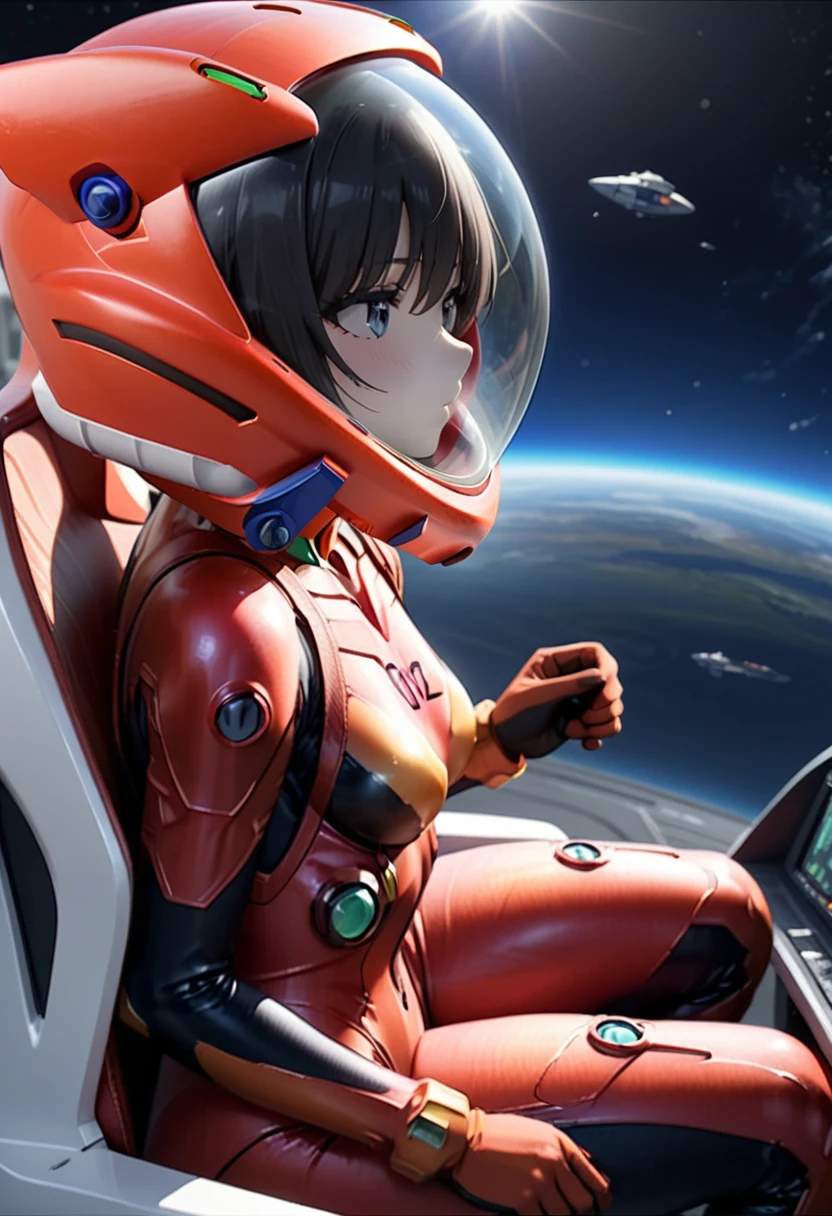 ( short hair, street, emo, BLACK hair, white eyes, eyeliner, apocalypse, girl, nside the (cockpit) of a (futuristic spaceship:1.6), , blush,sitting on a chair, covered navel, space helmet, muvluv, space helm, plugsuit , evangelion, helmet, eva helm,red bodysuit, short hair, ,upper body, from side