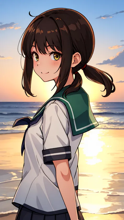 (masterpiece, best quality:1.2),illustration,8k,hd,seaside,sunset sky,1girl,solo,brown eye,upper body,(portrait:1.2),black_hair,...