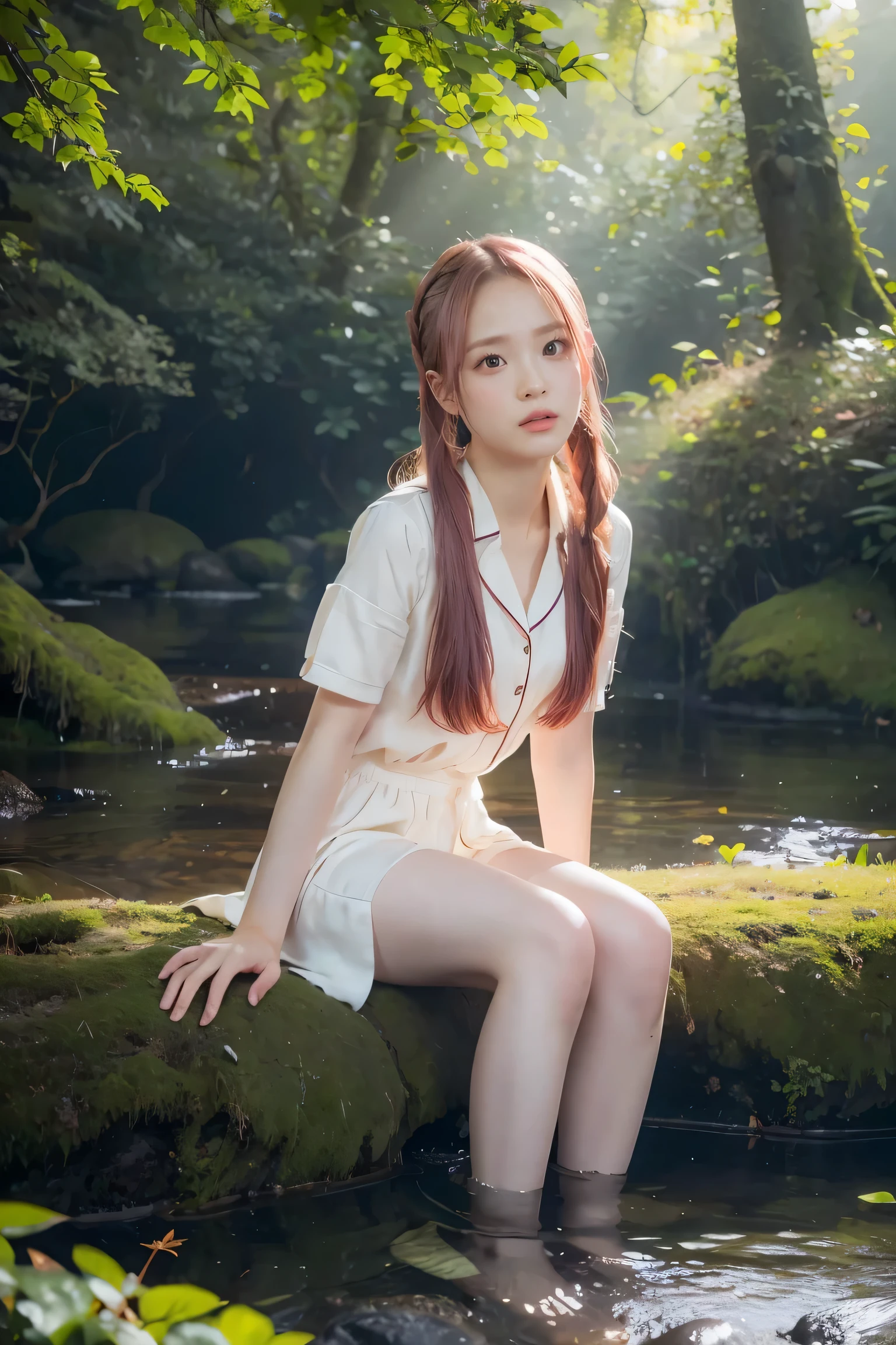 Blackpink member Rose, Pink Hair, (whole body), Wearing medieval long cotton pajamas, Sitting on the rocks, Feet in water, Wet hair, The background is a forest, Sunset, (masterpiece, best quality, The award-winning, high resolution), Skinny, Exquisite and beautiful design, Very detailedBeautiful face, Super detailed and beautiful eyes, A faint smile, Sit by the stream, forest, Leaf Flow, windy, sun lights through forest, Fantasy Art, Dynamic Lighting, Movie Lighting, surreal主义, Extremely detailed CG, Octane Rendering, (artistic + masterpiece:1.4), (Extremely detailed eyes), (8k, Reality, Photo RAW, best quality: 1.4), (ultra HD), (Ultra High Reality), (ultra HD), (Ultra-high detail), (Realistic face), Beautiful hairstyle, Realistic bright amber eyes, Beautiful details, (Realistic skin), Pale, The skin is smooth and bright，shining，No flaws, ultra HD, surreal, Very detailed, (cleveage: 0.8)