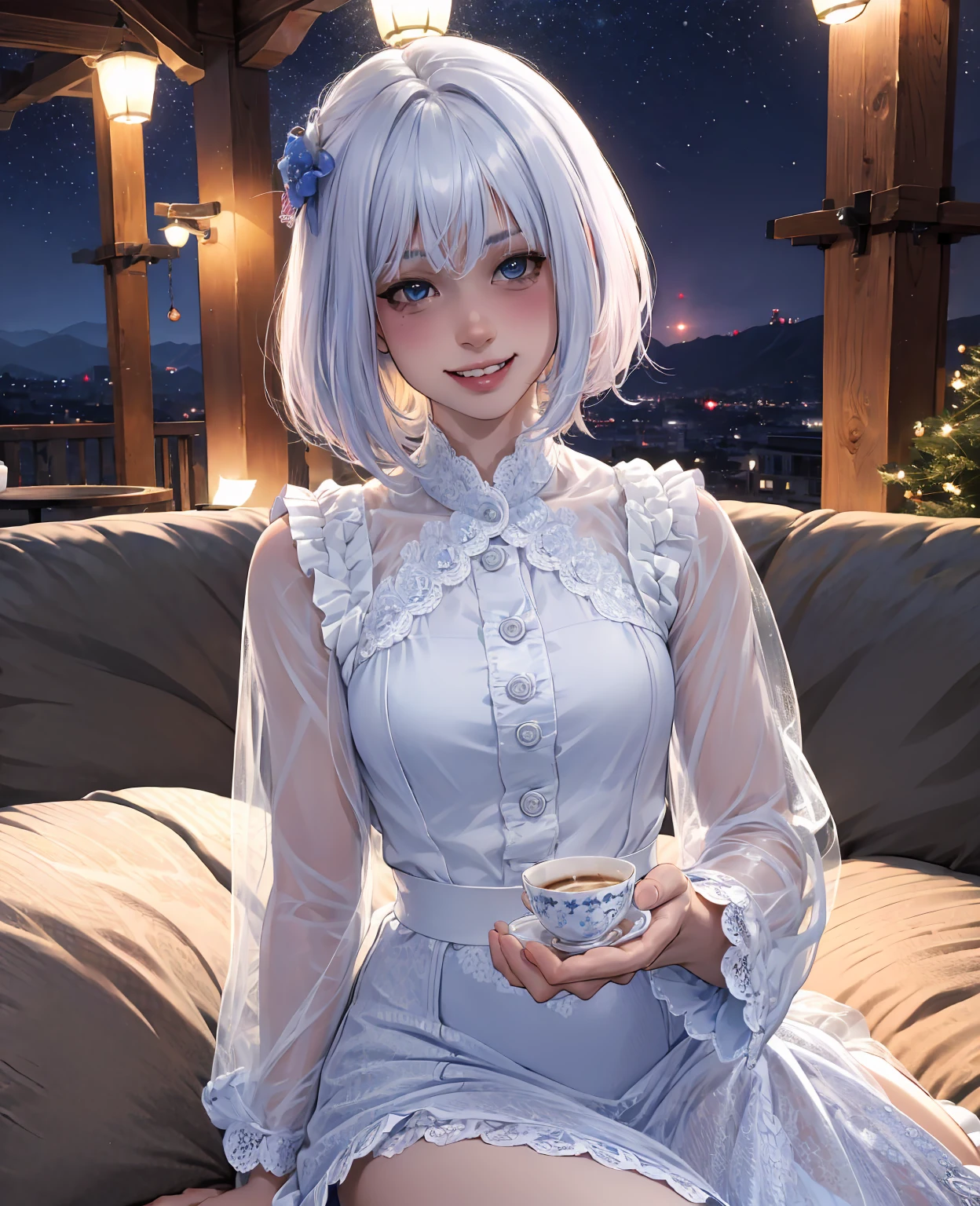 (8k, best quality, masterpiece:1.2), (realistic, photo-realistic:1.37), ultra-detailed,((( 1 girl))),solo,beautiful detailed sky,detailed cafe,night,sitting,dating,(nose blush),(smile:1.15),(closed mouth) small breasts,beautiful detailed eyes,(shirt:1.1), night, wet, rain,white lace, (short hair:1.2),floating hair NovaFrogStyle, ((full body)),stand, sexy, cute