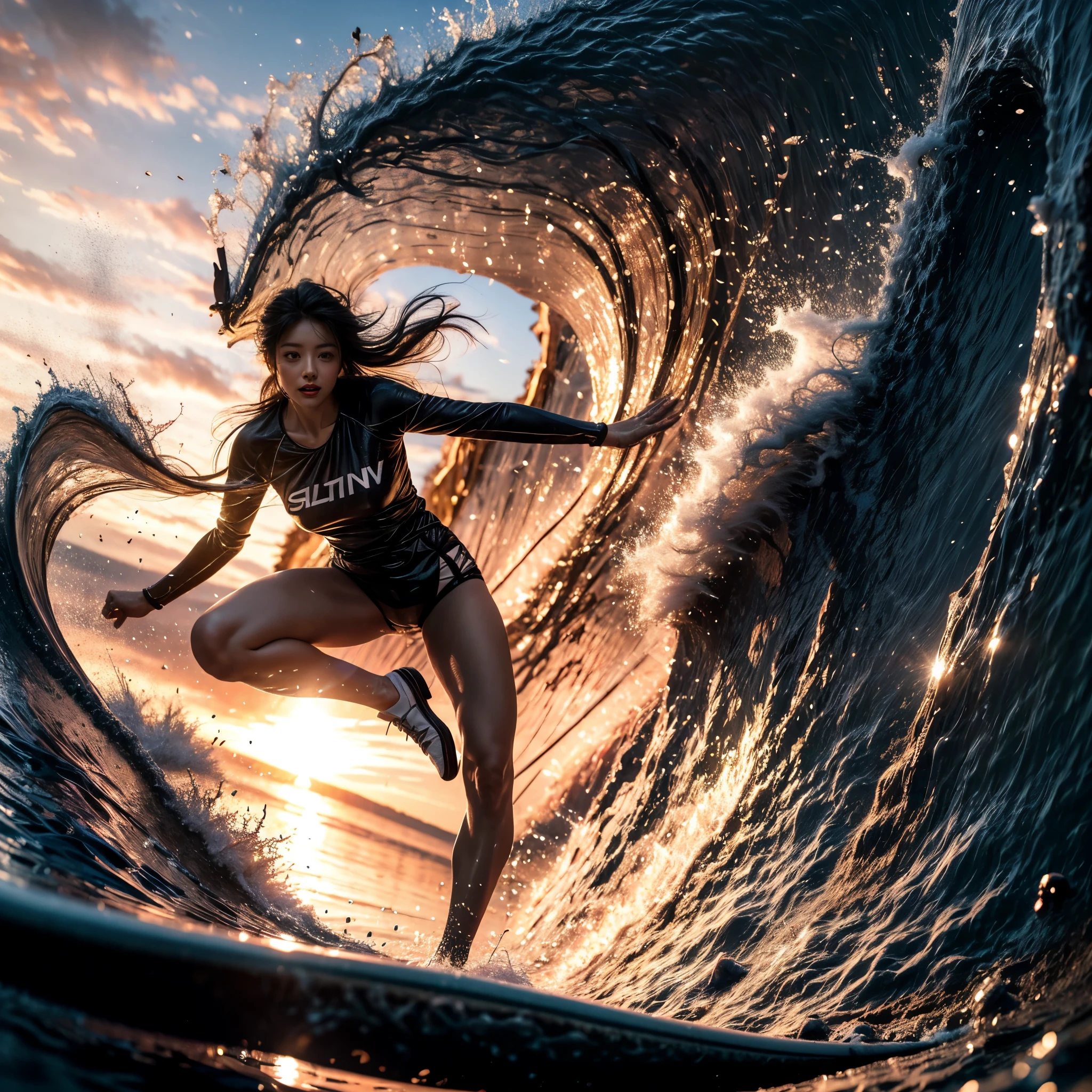 (Luminism:1.28), Side view、(TopQuality 8K Masterpiece:1.2) (ProfessionalPHOTO:1.37) Extremely Detailed (A girl standing on a surfboard riding a wave), (Colorful morning Glory Rays)、(Crouching and balancing on a surfboard.:1.28), (There is Detailed Only one surfboard under her feet:1.32) Splashing water Particles Sparkling waves, Glowing Wet Hair、(Super hourglass body type)、Dynamic motion blur, Perfect Hand、(Surfing Photos:1.4) Extreme Sports Photography with action pose