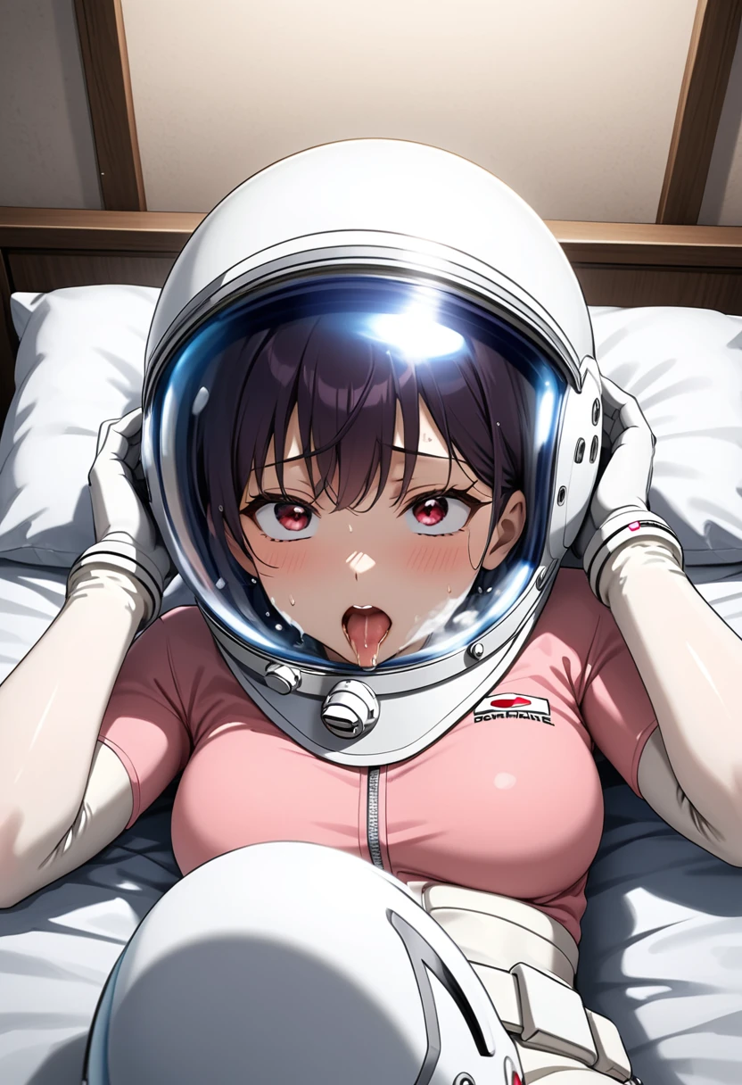 (spacesuit:1.15), white cargo pants, astronaut)bubble helmet, space helmet , , looking at the audience, lying , indoors, in bed, bed, masterpiece, best quality, 1girl, solo, red eyes, tits, lie down, , short hair, from above,ahegao, rolling eyes,saliva, sweat, trembling, HARD TO BREATH,, fog,water on the face, drowning, water torture, heavy breathing, sweat, full body.hands up, (holding head:1.5),(