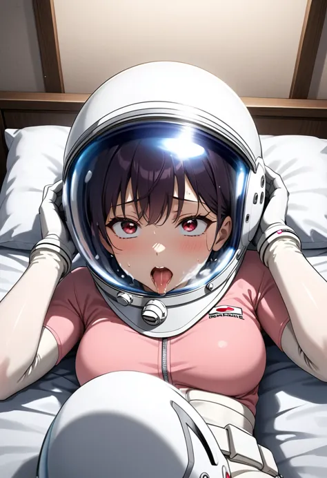 (spacesuit:1.15), white cargo pants, astronaut)bubble helmet, space helmet , , looking at the audience, lying , indoors, in bed,...