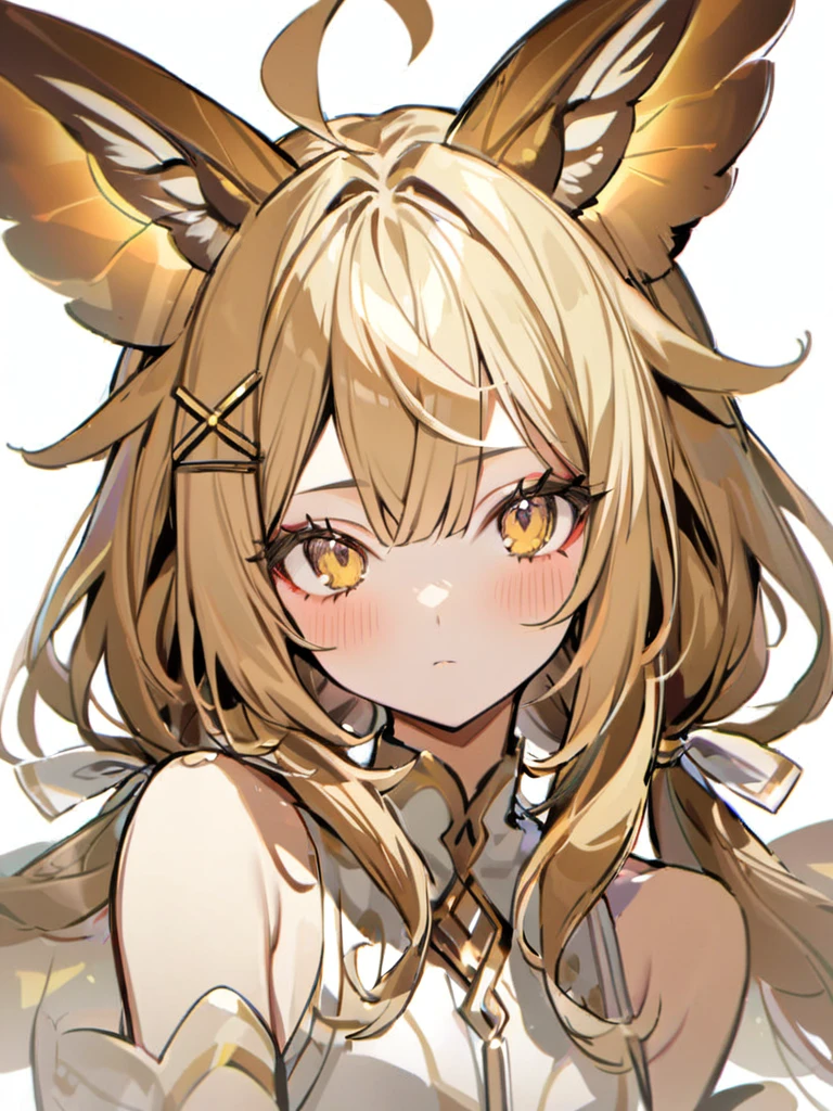 1girl, ahoge, animal ears, bangs, bare shoulders, blonde hair, blush, closed mouth, eyeshadow, hair ornament, hairclip, long hair, looking at viewer, portrait, sketch, solo, upper body, white background, x hair ornament, yellow eyes,moth ears, white clothes, eyelashes in the form of wings, hair tied in two braids, beige shimmers with white, white at the tips