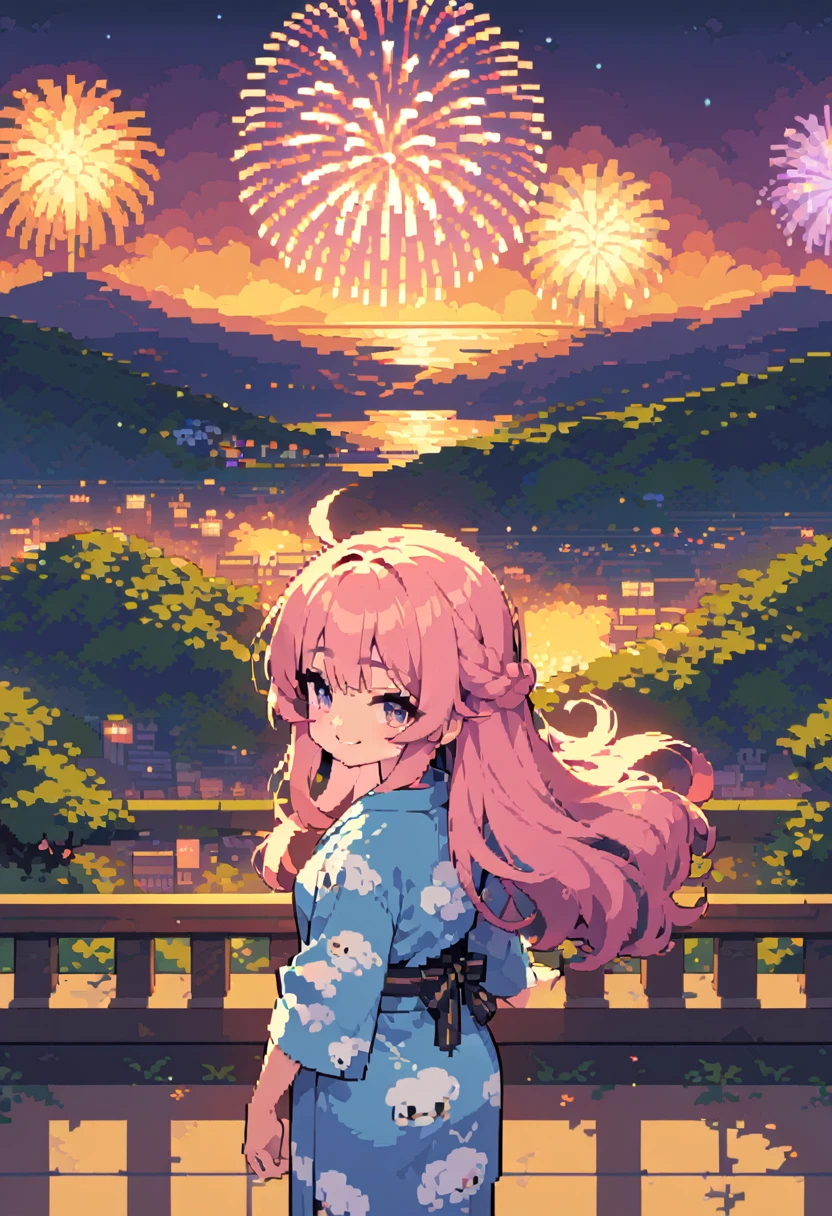 masterpiece, Highest quality, 8k, Pixel art, Pixel art, Vivid, Sheep, woman, 若いwoman, cute, Turning his back, Looking into the back, Smiling, Beautiful Shadows, Fluffy hair, Long Hair, Hair like sheep's hair, Pink Hair, eyebrow, 太いeyebrow, Sheep pattern yukata, (night), Fireworks display, Fireworks are going off, Large-flowered fireworks, From the top of the hill