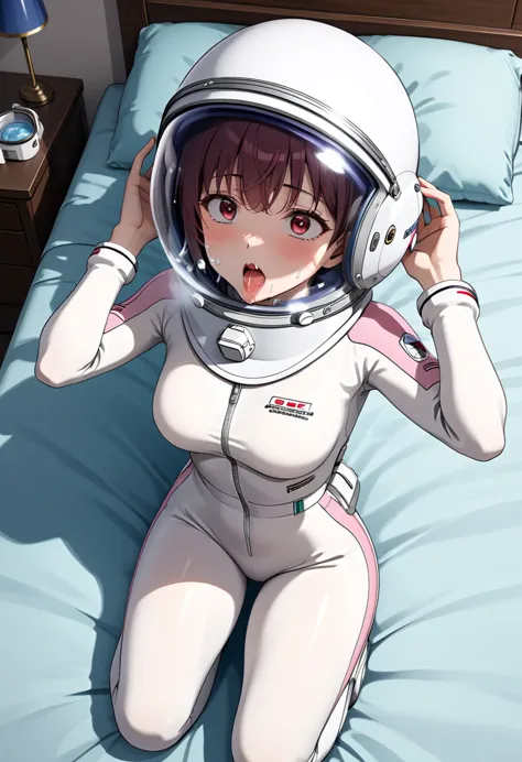 (spacesuit:1.15), white cargo pants, astronaut)bubble helmet, space helmet , , looking at the audience, lying , indoors, in bed,...