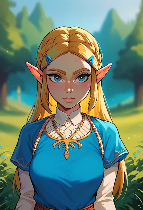 score_9, score_8_up, score_7_up, 1girl, solo, princess zelda, depth of field, portrait, outdoors, blue shirt,