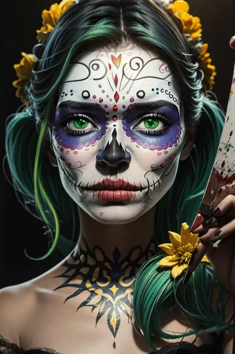 girl with green hair, day of the dead paint on her face, high quality, short hair, long spectral dress, green eyes and asian fea...