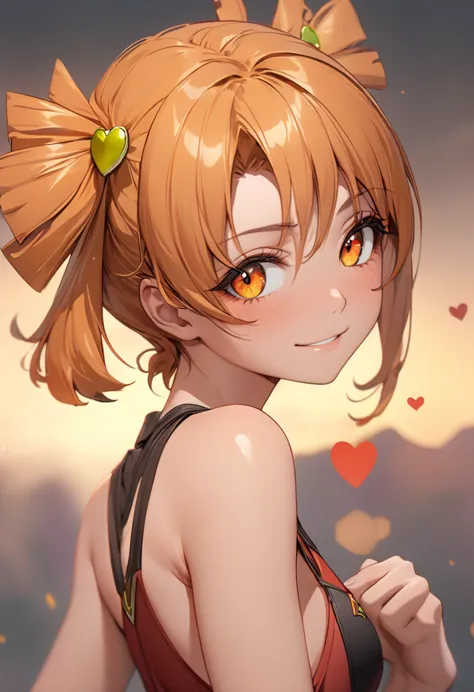 1girl, solo,light orange hair, two short ponytails, heart-shaped hair decoration, amber eyes, detailed eyes, high quality, high-...