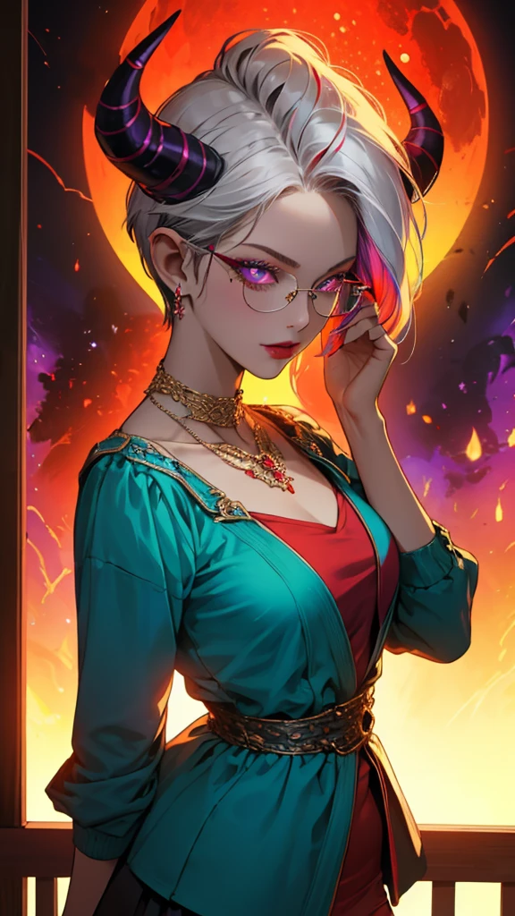 8k, masterpiece, best quality, highly detailed, 1 girl, tiefling, warlock, pixie cut, multicolored hair, very short straight hair red highlight hair on white hair, strippled hair, wearing glasses, round glasses, earrings, navel piercing, red eyeshadow, long eyelashes, blushed cheek, red lips, pearl necklace, rings, collarbone, mole on face, glamorous, teal and purple clothes, miniskirt, smirk, close up view, rings, looking at viewer, demon horns, solo, blood red moon, standing, royal dress, chains, firing fire blast