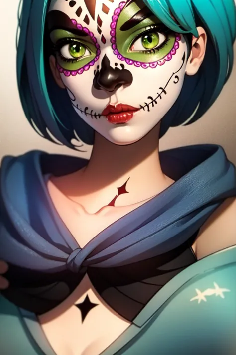 girl with green hair, day of the dead paint on her face, high quality, short hair, long spectral dress, green eyes and asian fea...