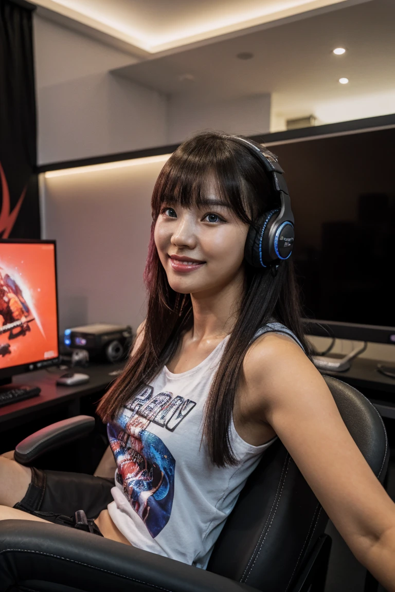 Neon pro pc gaming room, on pc desktop is Honor Of King sylized displays, (hair with bangs), ((naughty very beautiful south korean-Indonesian hybrid girl gamers)), BREAK, smug grin, boasting, perfect flawless nose, sexy sensual kissable lips:1.2, lewd mouth apart, natural teen saggy breasts, (thick fleshy sexy arms:1.2), revealing her flawless sensual armpit, arms on the gaming chair handles, wearing huge gaming headphone, (wearing loose t-shirt with anime print:1.25), bracelet, chocker, gamer chair, lot of action figures statue display on the back of the room, the girl sitting on the gaming chair with the pc gaming high-end PC on the desk before her, full face close-up focused shot, gaming, Juicy thick figure, high quality skin, Skin pores, amazing details, perfect anatomy, anatomically correct, realistic, extremely detailed eyes, dark moody gamer settings, cool environment, BREAK, photographed on a Canon EOS R3, 105mm F/2.8 VR Macro Lens, HDR, 8k, (sharp focus),