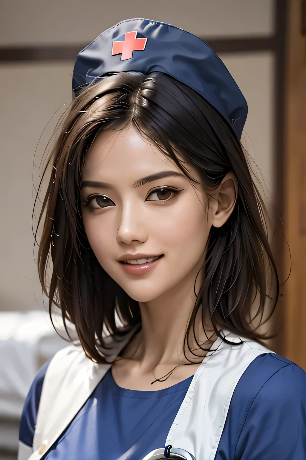 (masterpiece:1.2, Highest quality), (Realistic, photoRealistic:1.4), Beautiful CG, (Natural Side Lighting, Cinema Lighting), Looking at the audience, Upper Body, (Front view), 1 girl, Perfect Face, Symmetrical cute face, double eyelid, Long eyelashes, (Large Breasts), Beautiful Hair, Beautiful Face, Beautiful and beautiful eyes, Glowing Skin, Beautiful body, Beautiful breasts, Beautiful thighs, Beautiful feet, ((background: Hospital room)), (Beautiful smile:1.2, wonderful), ((Wearing a nurse cap and uniform)), (Bob Hair), (from the front)
