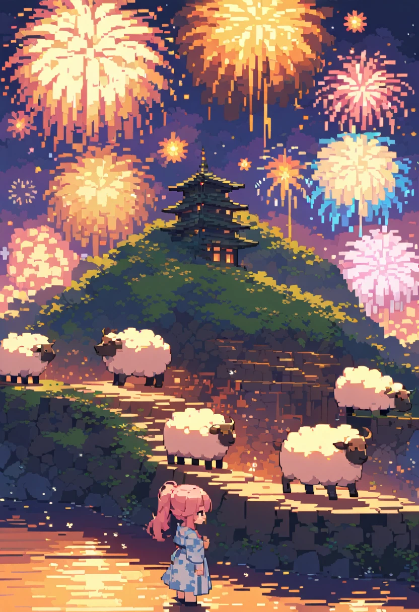 masterpiece, Highest quality, 8k, Pixel art, Pixel art, Vivid, Sheep, woman, 若いwoman, cute, (back view:1.3), Hiding his face, Smiling, Beautiful Shadows, Fluffy hair, Long Hair, Hair like sheep's hair, Pink Hair, Sheep pattern yukata, (night), Fireworks display, Fireworks are going off, Large-flowered fireworks, From the top of the hill