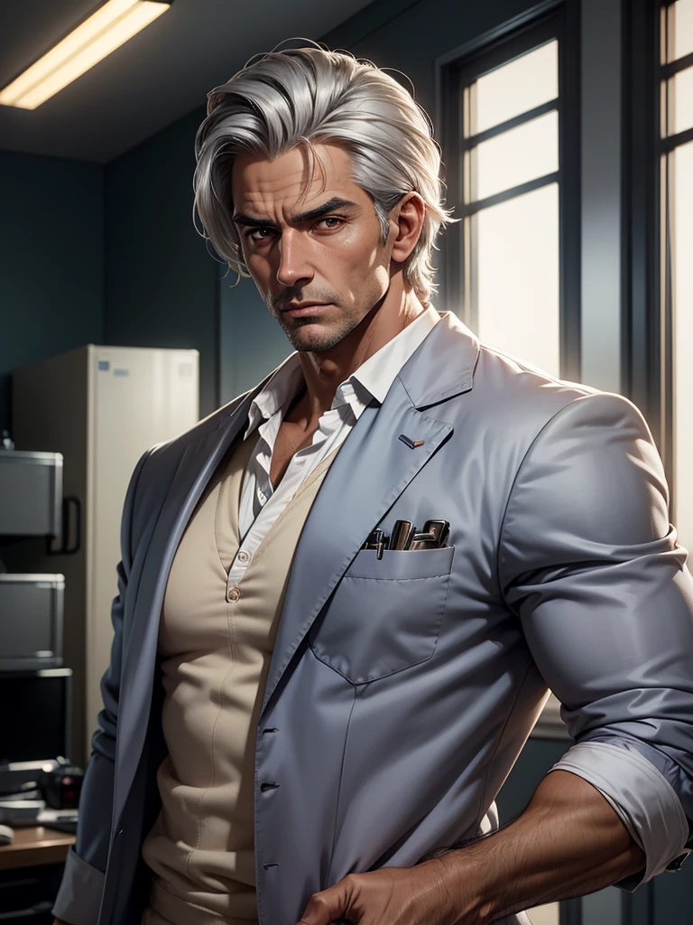 (best quality), 1boy, mature man, tanned skin, silver hair, medium hair, hair loosely combed back, brown eyes, perfect eyes, muscular, handsome, cold expression, doctor coat, scrubs, surgical mask, clean shaven face, masterpiece, anatomically correct, highres
