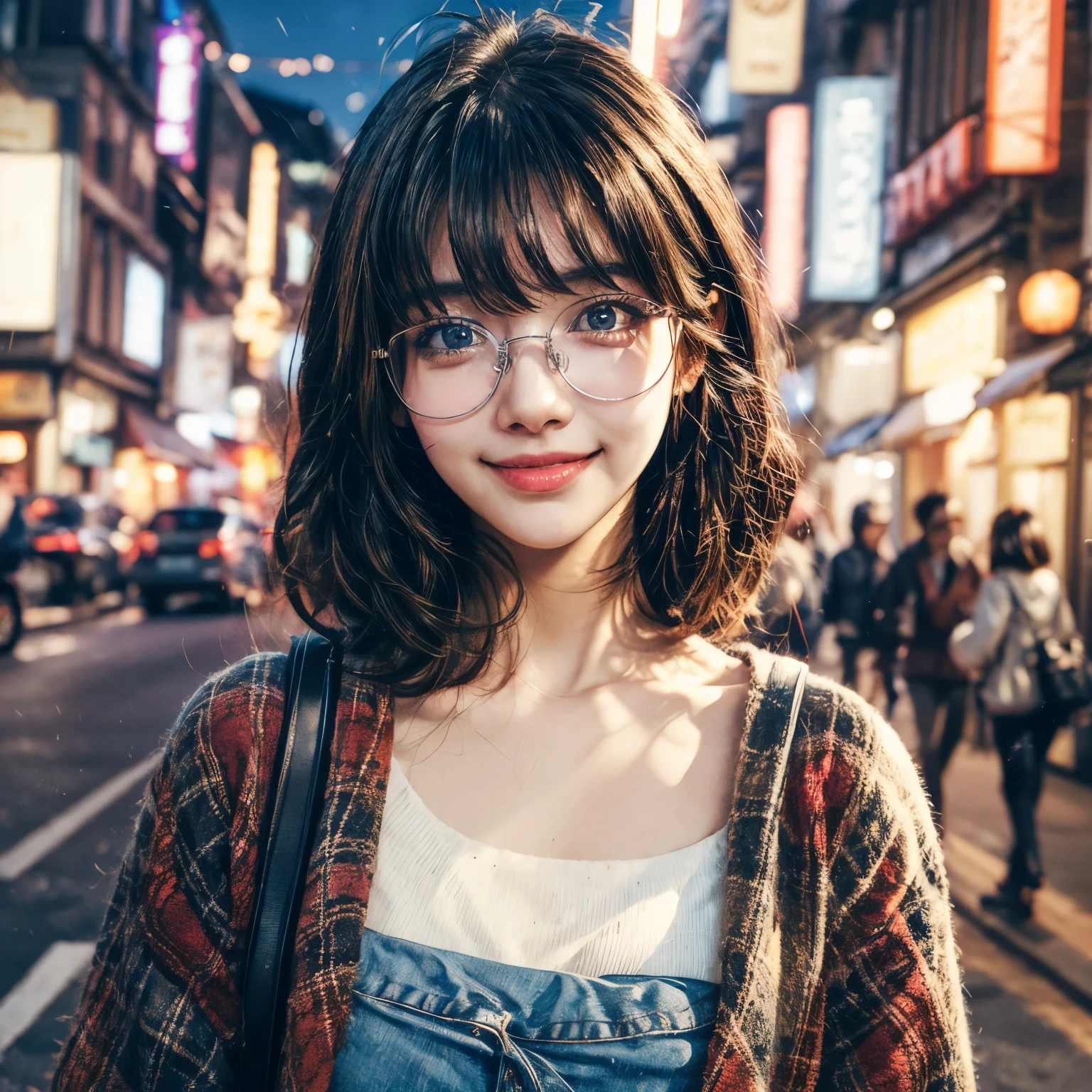 (upper body:1.5), Beatiful ,20 years old black
hair,sweet clothing movie lighting best quality
,woman, bright picture, wearing glasses,smiling
city street at night,shiny, 4k,beautiful,
masterpiece,korean modern style, two-
dimensional culture, 2d animation, 8k,film
lighting , realistic anime style, exquisite
picture,sharpen