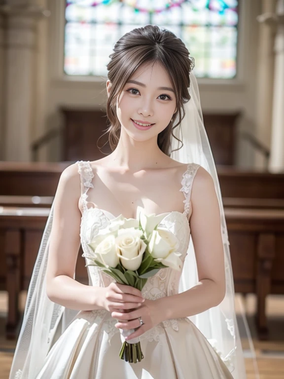 Photo-realistic quality、a woman in a Wedding dress holding a bouquet of flowers、Standing in front of the church、20 year old Japanese model、白のWedding dress,Hanae Mori style wedding dress、Japan idols at 20 years old、lace prom dresses、looking at the camera、Detailed and beautiful eyes、Cute smile、Relaxed and gentle expression、a close up of a woman in a Wedding dress holding a bouquet, Wedding dress, So magical and dreamy、Blur the background a lot、300ｍｍ F2.Shot with 8 lenses