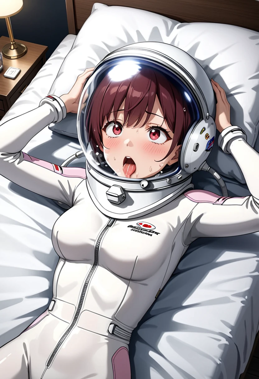 (spacesuit:1.15), white cargo pants, astronaut)bubble helmet, space helmet , , looking at the audience, lying , indoors, in bed, bed, masterpiece, best quality, 1girl, solo, red eyes, tits, lie down, , short hair, from above,ahegao, rolling eyes,saliva, sweat, trembling, HARD TO BREATH,, fog,water on the face, drowning, water torture, heavy breathing, sweat, full body.hands up, (holding head:1.5),(