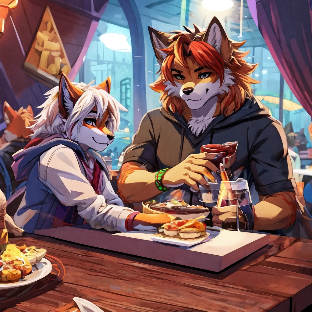 There's a cat and a dog standing on a table, furry art!!!, fursona art, cel shading technique!!!, fursona!!!!, restaurant scene, chilling in the club together, on a Table sitting, fur affinity commission, fursona furry art commission, Beautiful Were Fox Fursona, very very beautiful furry art