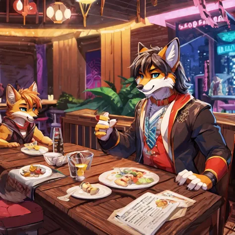 there's a cat and a dog standing on a table, furry art!!!, fursona art, cel shading technique!!!, fursona!!!!, restaurant scene,...