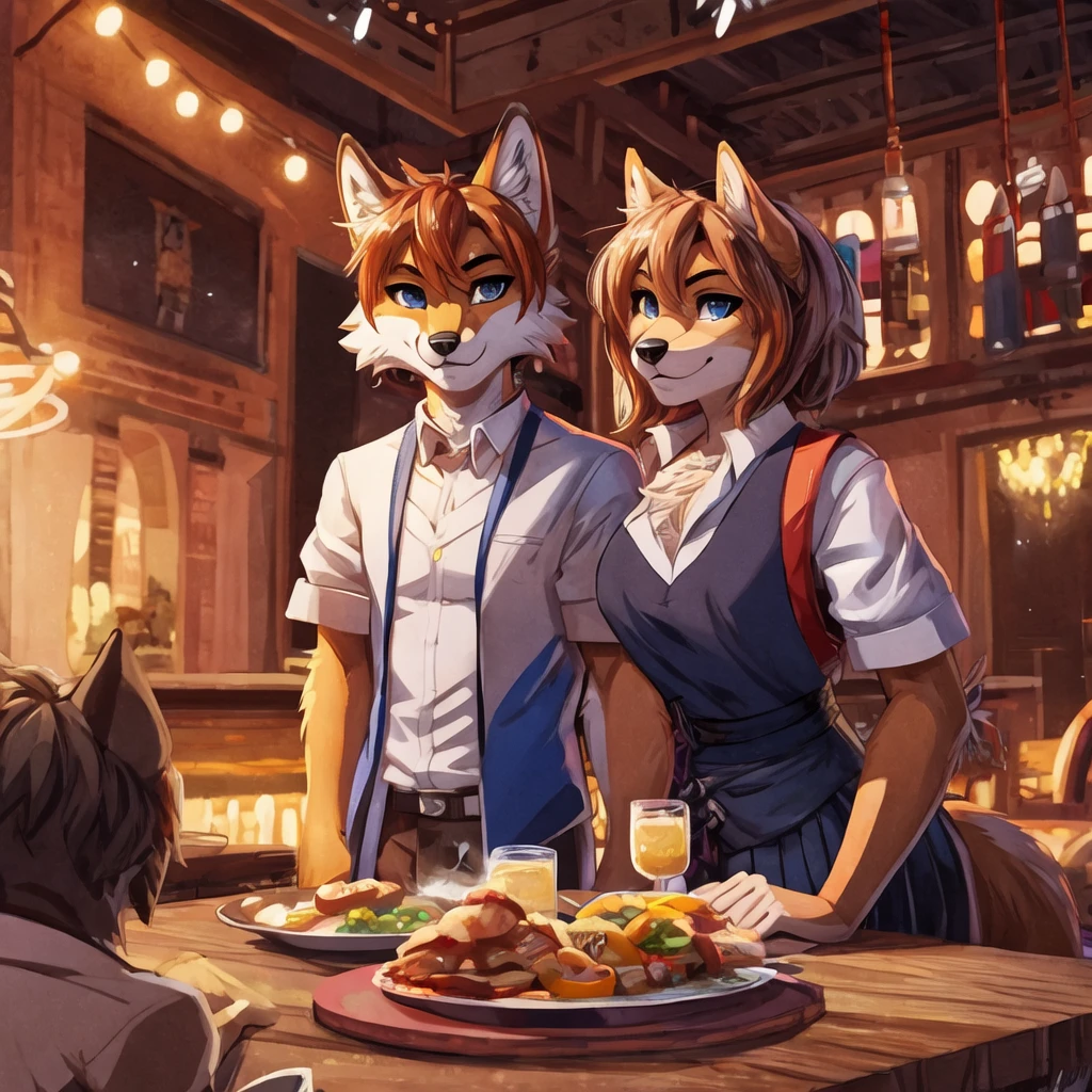 There's a cat and a dog standing on a table, furry art!!!, fursona art, cel shading technique!!!, fursona!!!!, restaurant scene, chilling in the club together, on a Table sitting, fur affinity commission, fursona furry art commission, Beautiful Were Fox Fursona, very very beautiful furry art