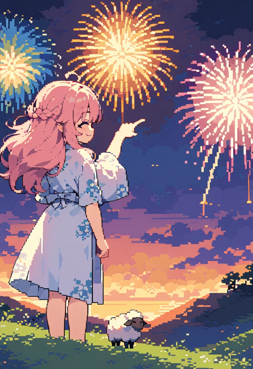 masterpiece, Highest quality, 8k, Pixel art, Pixel art, Vivid, Sheep, woman, 若いwoman, cute, (back view:1.3), Pointing diagonally upwards, Smiling, Beautiful Shadows, Fluffy hair, Long Hair, Hair like sheep's hair, Pink Hair, Sheep pattern yukata, (night), Fireworks display, Fireworks are going off, Large-flowered fireworks, From the top of the hill