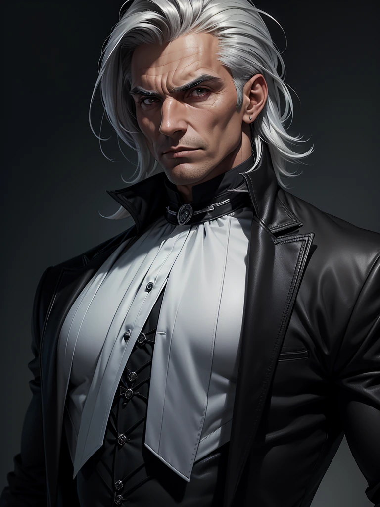 (best quality), 1boy, mature man, tanned skin, silver hair, medium hair, hair loosely combed back, brown eyes, perfect eyes, muscular, handsome, cold expression, (gothic clothes), fully clothed, clean shaven face, masterpiece, anatomically correct, highres
