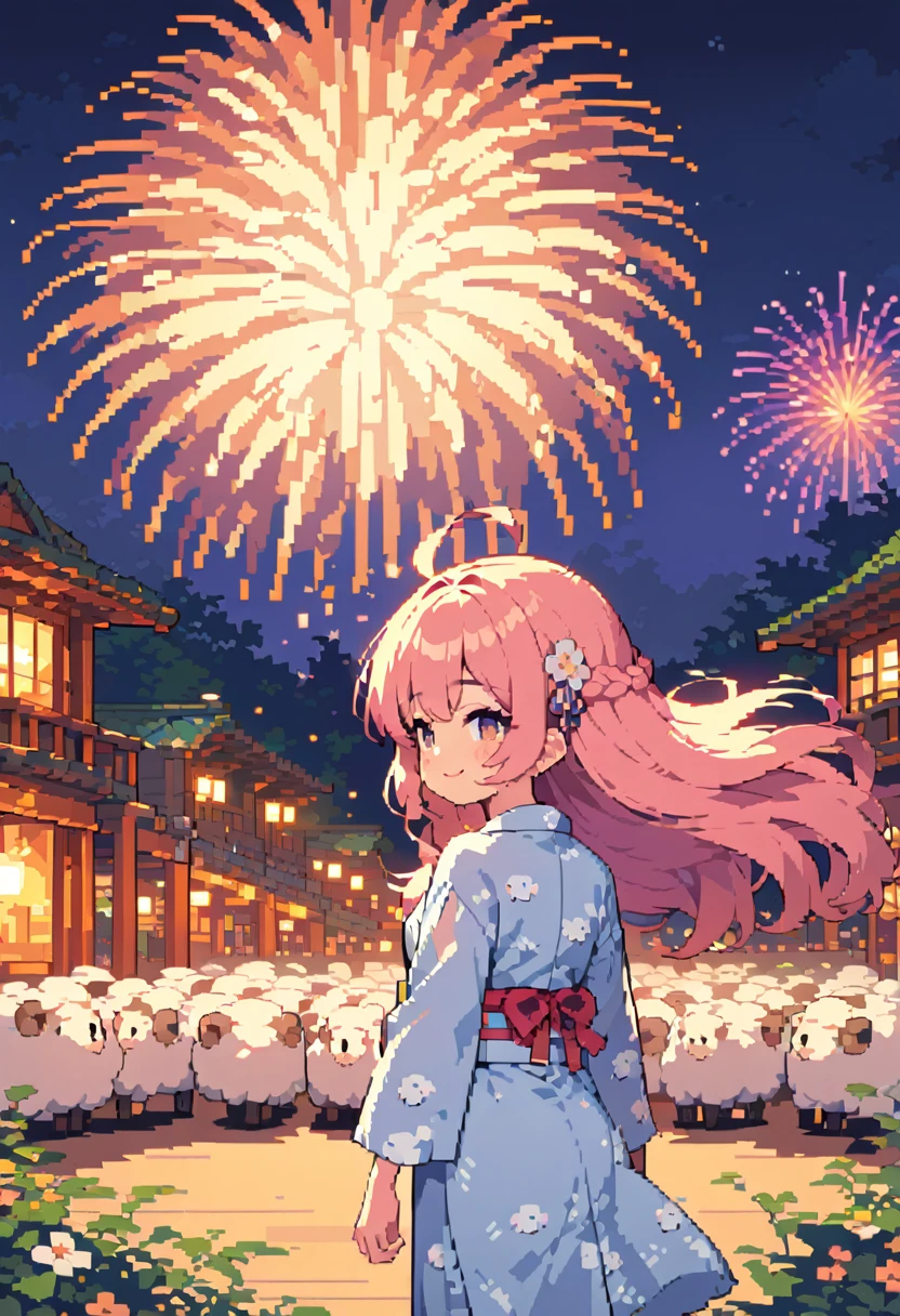 masterpiece, Highest quality, 8k, Pixel art, Pixel art, Vivid, Sheep, woman, 若いwoman, cute, (back view), Pointing diagonally upwards, Smiling, Beautiful Shadows, Fluffy hair, Long Hair, Hair like sheep's hair, Pink Hair, Sheep pattern yukata, (night), Fireworks display, Fireworks are going off, Large-flowered fireworks, From the top of the hill