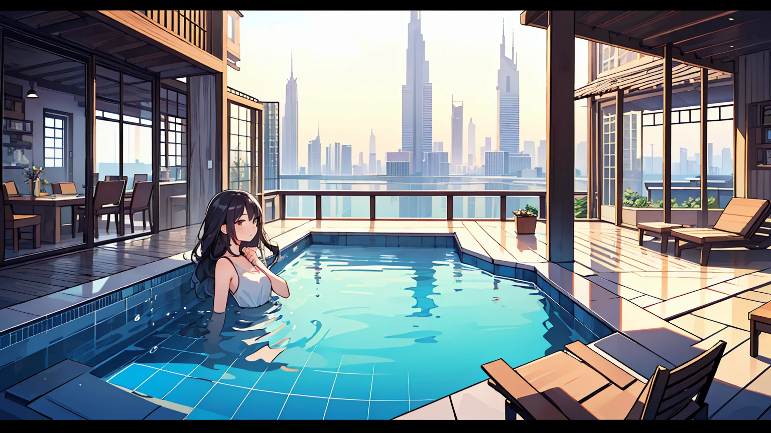 (masterpiece, best quality),2 women, different hair colors, different faces,letterboxed, perfection of fashion,chapped lips, sleeveless,dress,upper body, from the side,Infinity Pool,The horizon is reflected,Lounge Chair,marble floor,Advanced Table,Dubai Tower Transparent Infinity Pool,
 