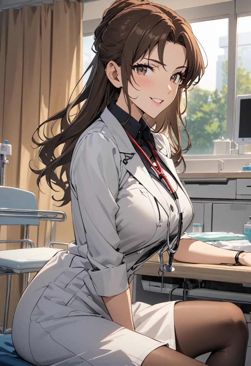 1lady solo, sitting, (looking at viewers), (white lab coat) stylish outfit, mature female, /(dark brown hair/) bangs, kind smile, (masterpiece best quality:1.2) delicate illustration ultra-detailed, large breasts, pantyhose, /(stethoscope around neck/) BREAK (hospital examination room) indoors, work desk, detailed background