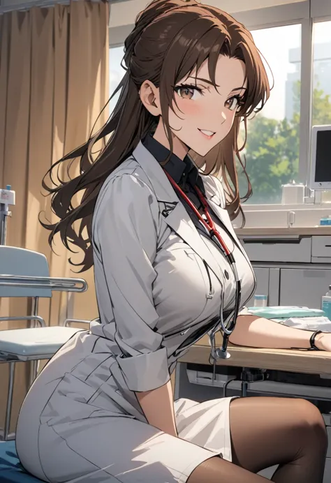 1lady solo, sitting, (looking at viewers), (white lab coat) stylish outfit, mature female, /(dark brown hair/) bangs, kind smile...