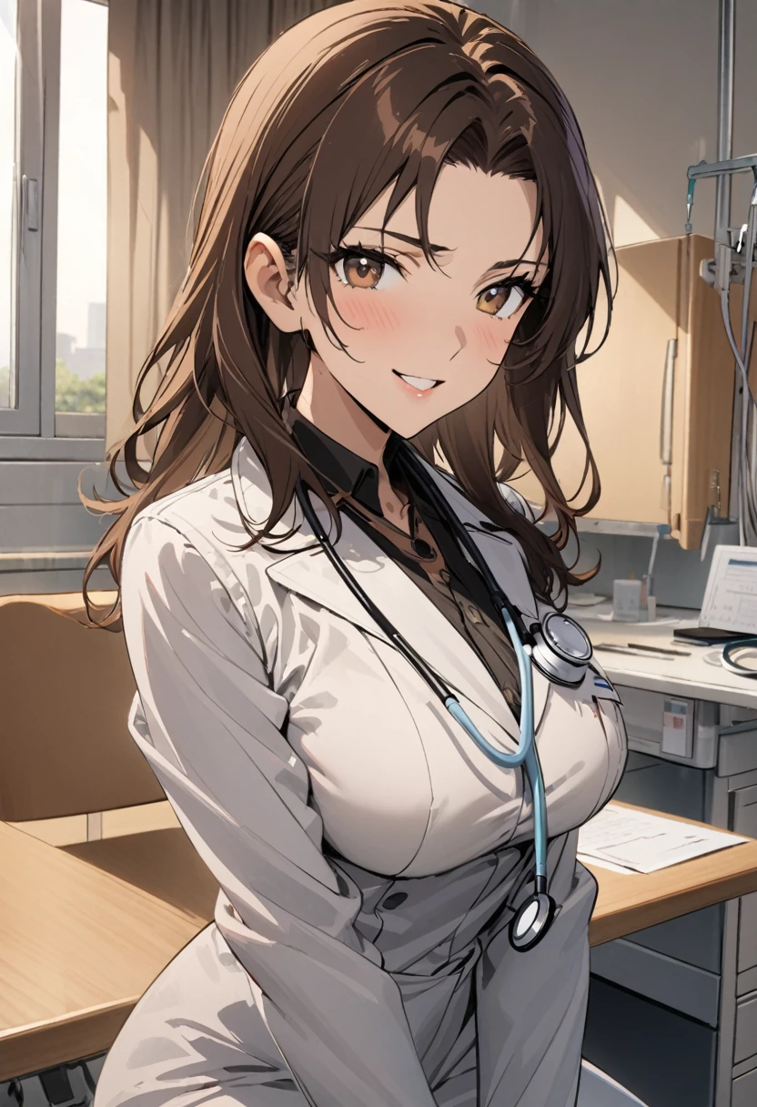 1lady solo, sitting, (looking at viewers), (white lab coat) stylish outfit, mature female, /(dark brown hair/) bangs, kind smile, (masterpiece best quality:1.2) delicate illustration ultra-detailed, large breasts, pantyhose, /(stethoscope around neck/) BREAK (hospital examination room) indoors, work desk, detailed background