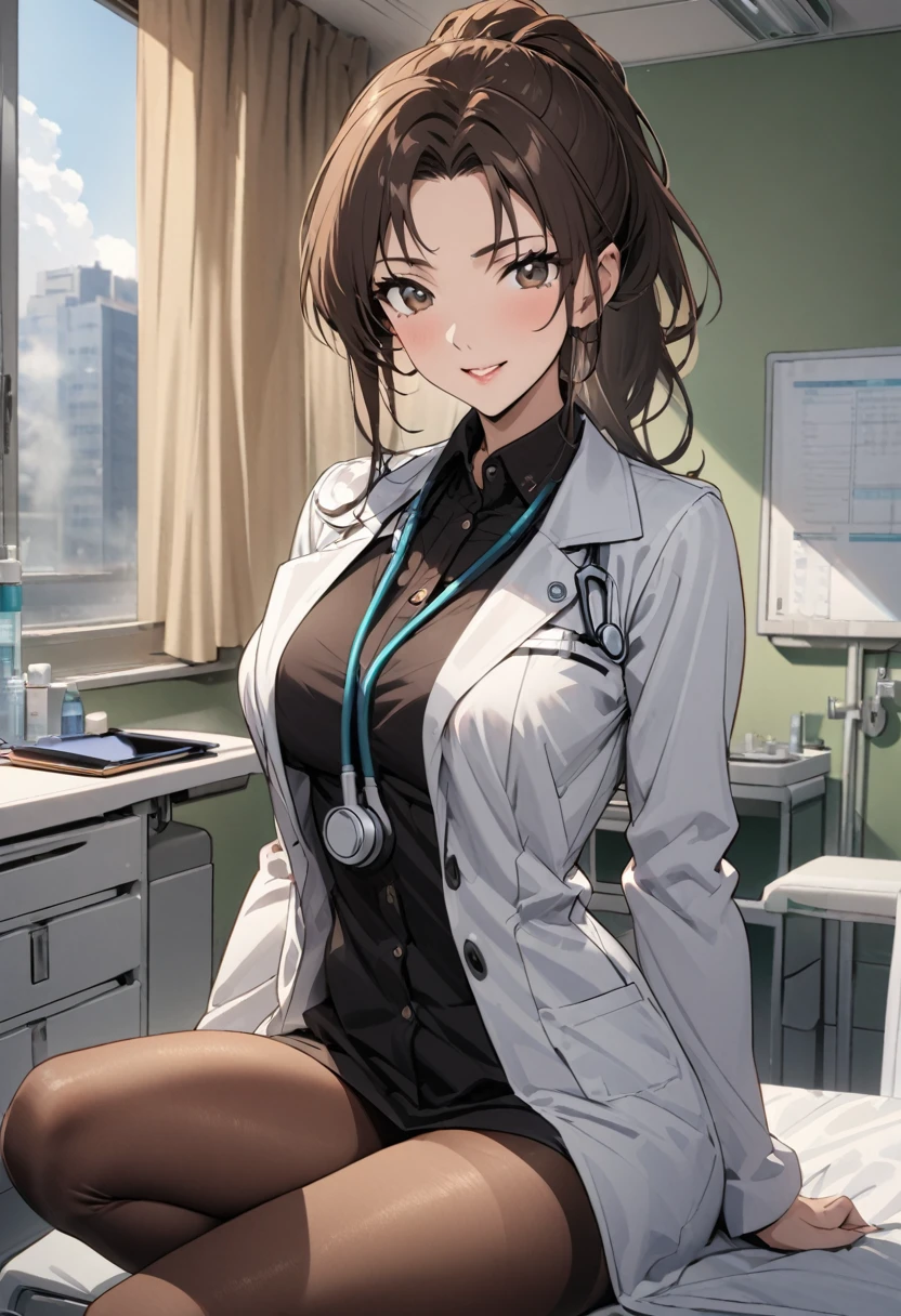 1lady solo, sitting, (looking at viewers), (white lab coat) stylish outfit, mature female, /(dark brown hair/) bangs, kind smile, (masterpiece best quality:1.2) delicate illustration ultra-detailed, large breasts, pantyhose, /(stethoscope around neck/) BREAK (hospital examination room) indoors, work desk, detailed background