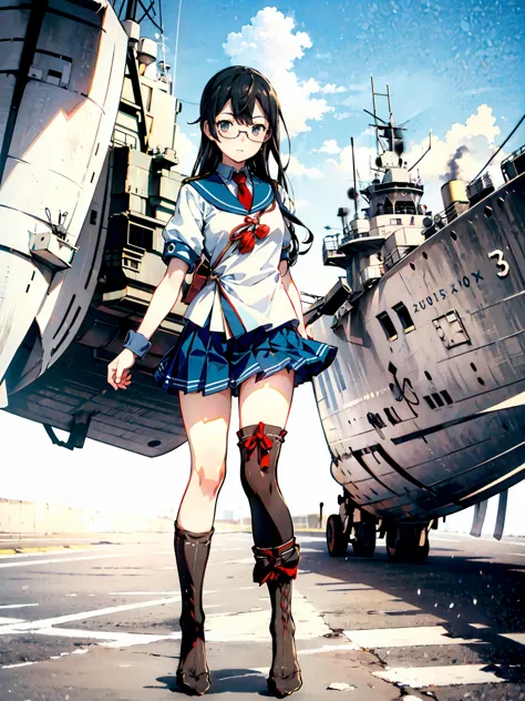 (oyodo kai　kantai collection)、((lustrous thighs))、glasses,pleated skirt、sailor suit、red tie、are standing、((紫のoverknee socks:1.5)...